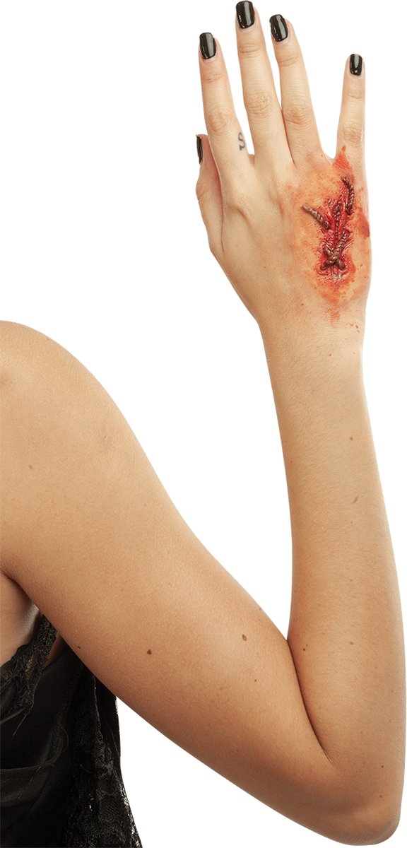 Ghoulish Latex Hand Wond ( Manded ) + Huidlijm & Fake bloed | Halloween | Griezel | Eng